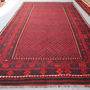 9x15 ft Large Vintage Rug, Red Kilim Handmade Wool Geometric Rug, Afghan Flatweave Boho Area Rug, Dining Table Carpet, Rugs for Living Room
