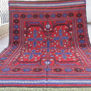 4&#39;5x6&#39;4 ft Vintage Kilim Area Rug, Navy Blue Red Afghan Authentic Handmade Rug, Geometric Kilim Rug, Flatweave Soumak Rug, Bedroom Area rug