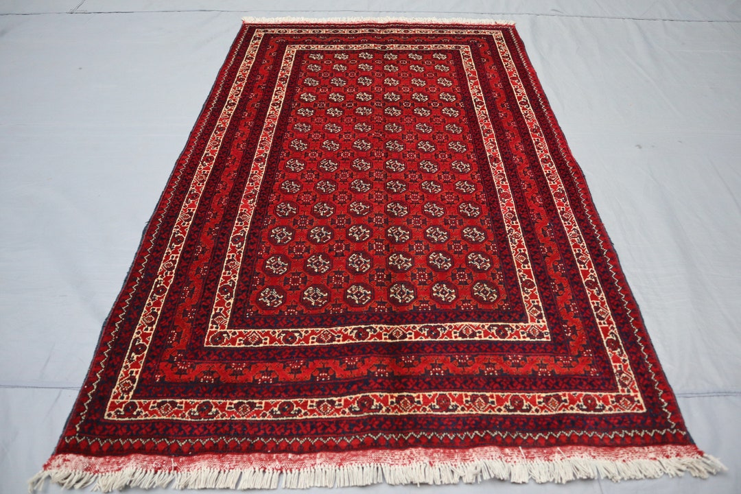 3x5 Red Turkmen Mowri Bukhara Rug Hand Knotted Wool Rug, Afghan ...