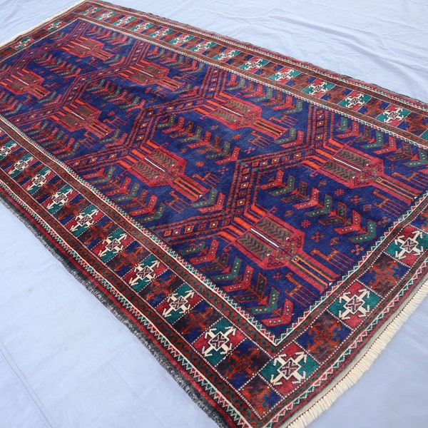 4'3x8'5 ft Afghan Navy Blue Vintage Rug One of a kind Pictorial Baluchi Rug, Handmade Wool Area Rug, 4x9 Wide Hallway Runner, Kitchen Carpet