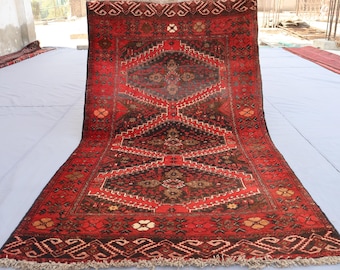 3'6x6'1 ft Turkmen Geometric Ersari Rug, Tribal Area Rug, Vintage Handmade Wool Rug, Afghan Antique Oriental Rug, Red Caucasian Rug, Bedroom