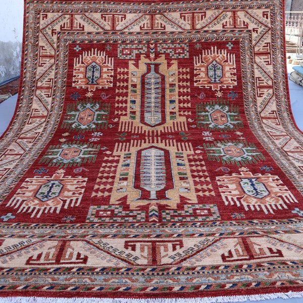 8x10 Red Baluch Area Rug - Geometric Waziri Afghan Hand Knotted Wool Oriental Rug - Tribal Rug - Dining Table Carpet - Rugs for Living Room