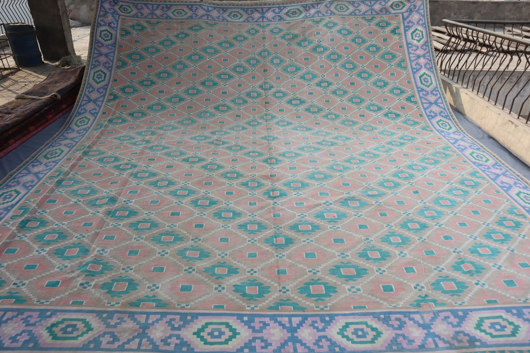 14x14 Square Area Rug, Afghan Handmade Kilim Muted Distressed Wool ...