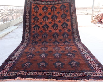 5x9 Antique Geometric Afghan Rug, Handmade Wool Area Rug, Vintage Tribal Caucasian Terracotta Orange Brown Red Oriental Rug, Kitchen Carpet