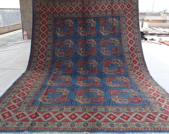 7x10 ft Blue Afghan Rug, Turkmen Handmade veg dyes Soft Wool Area Rug, Oriental Rug, Tribal Bukhara Rug, Large Bedroom Rug, Living Room Rug