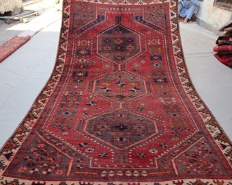 Afghan Vintage Rug 4'7x7'7 ft Rust Red Turkmen Caucasian design 1960s Antique Low Pile Faded Rug - Geometric Handmade Wool Rug - Bedroom Rug