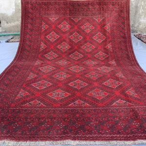 7x9&#39;5 ft Antique Afghan Geometric Bukhara Rug, Red Soft Pile Handmade Wool Rug, Oriental Rug, Turkmen Tribal Rug, Living Room, Bedroom Rug