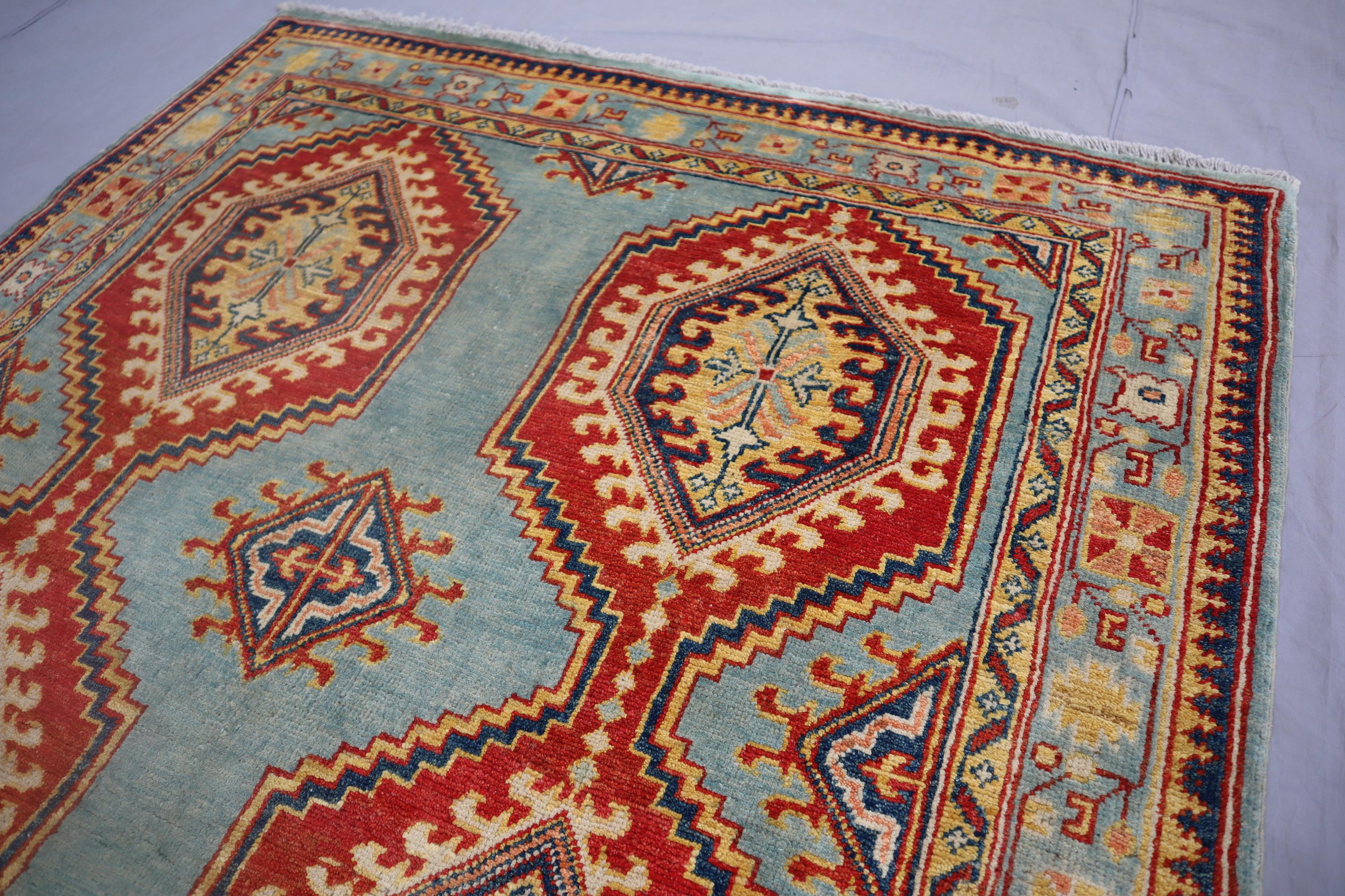 4x6 Blue Caucasian Design Afghan Rug, Geometric Area Rug, Hand Knotted ...