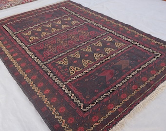 4'5x6'6 Vintage Teppich, Kelim Teppich, Kilim, Wollteppich, Flachgewebe, Boho Teppich Handgefertigt, Terrakotta Schwarz Kastanienbraun, Schlafzimmer Teppich