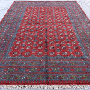 7x10 Afghan Bukhara Rug Turkmen Hand Knotted veg dye Wool Oriental Rug, Tribal Area Rug, Red Green Blue Traditional Rug, Rug for Living Room