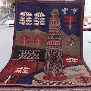 3x4&#39;6 ft Afghan Minar Pictorial Rug, Hand Knotted Wool Rug, Oriental Vintage Rug, Brown Red Navy Blue Tribal Rug, Wall hanging, Home decor