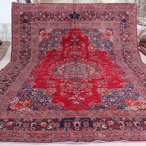 10x13 Red Vintage Rug, Medallion Heriz Turkish Rug, Hand Knotted Wool Rug, Afghan Tribal Area Rug, Antique Oriental Rug, Rug for Living Room