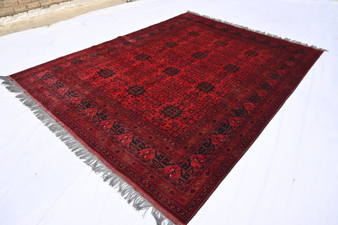 8x11 Red Afghan Rug, Vintage Tribal Rug, Handmade Veg Dyes Wool Carpet ...