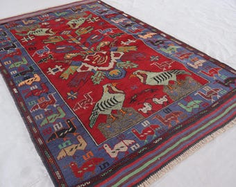 4x6&#39;5 ft Vintage Pictorial Stunning Rug, Collectors piece Rug, Handmade Wool Rug, Wall Hanging, Birds Art Home decor, One of a kind Carpet