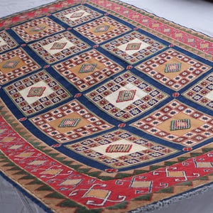 5&#39;7x8&#39;4 ft One of a kind Soumak Rug, Geometric Vintage Rug, Afghan Handmade Kilim Wool Rug, Flatweave Navy Blue Terracotta Rug, Oriental Rug