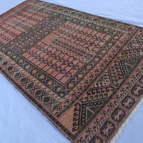 3x6 Antique rug Terracotta vintage faded Low Pile Wool Distressed Rug, Afghan Handmade Oriental Rug, Turkmen Parda Bukhara Rug, Bedroom Rug