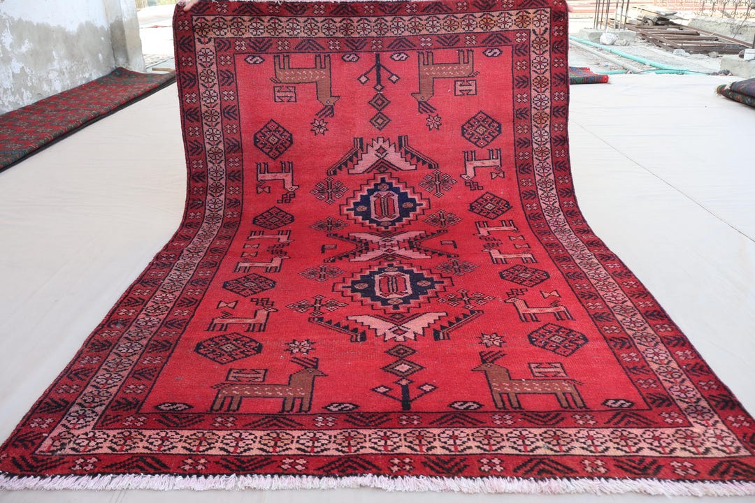 4x6 Ft Red Vintage Rug, Pictorial Antique Caucasian Rug, Tribal ...
