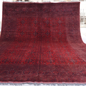 10x13 Large Vintage Area Rug, Afghan Tribal Khal Muhammadi Rug, Handmade Distressed Faded Low Pile Wool Rug, Oriental Red Rug, Bedroom Rug