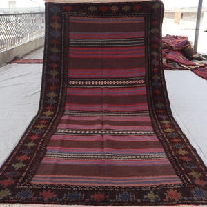 4&#39;8x9&#39;6 ft Vintage Kilim Rug, Afghan Handmade Mixed Weaved Wool Rug, Striped Soumak Rug, Turkmen Tribal Rug, Oriental Rug, Entryway Runner
