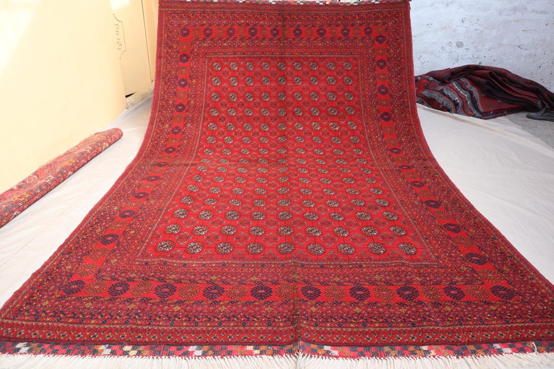 7x10 Vintage Turkmen Mowri Bukhara Rug - Traditional Handmade Wool ...