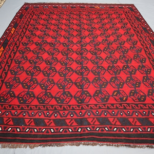 7&#39;6x9&#39;0 ft Antique Afghan Kilim rug, Flatweave Handmade Wool Oriental rug, Red Black Vibrant Boho Vintage faded rug, Living Room Bedroom Rug