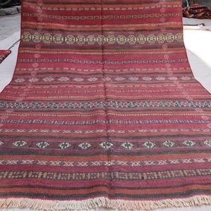 Antique Turkmen Striped Kilim rug 4&#39;2x5&#39;6 ft Afghan Handmade Wool Flatweave Rug - Oriental Area Rug - Tribal Vintage Rug, Bedroom Office Rug