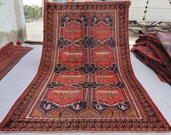 Tapete afegão pictórico 5x9, peça única, tapete tribal vintage de lã feito à mão, tapete geométrico antigo, tapete oriental baluchi, tapete de cozinha.