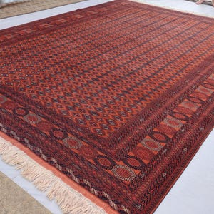 10x13 Large Vintage Rug, Collectors piece Turkmen Bukhara Rug, Afghan Handmade 100% Wool Carpet, Oriental Antique Orange Rug, Bedroom Rug