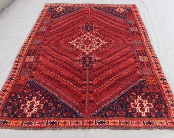 5x8 ft Antique Caucasian Rug, Blue Red Vintage faded Rug, Geometric Oriental Rug, Handmade Wool Carpet, Bedroom Rug, Living room Area Rug