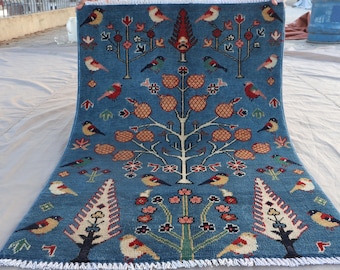 Blue Rug 2'7x3'9 ft Pictorial Rug, Handknotted Wool Rug, Afghan Tribal Rug, Birds Trees Art Rug, Gabbeh Area Rug, Kids room Rug, Bedroom Rug