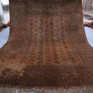7x9 Antique Terracotta Rug Turkmen Geometric Bukhara rug Handmade Wool Rug, Dark Brown Vintage Low Pile faded Rug, Oriental Rug, Bedroom Rug