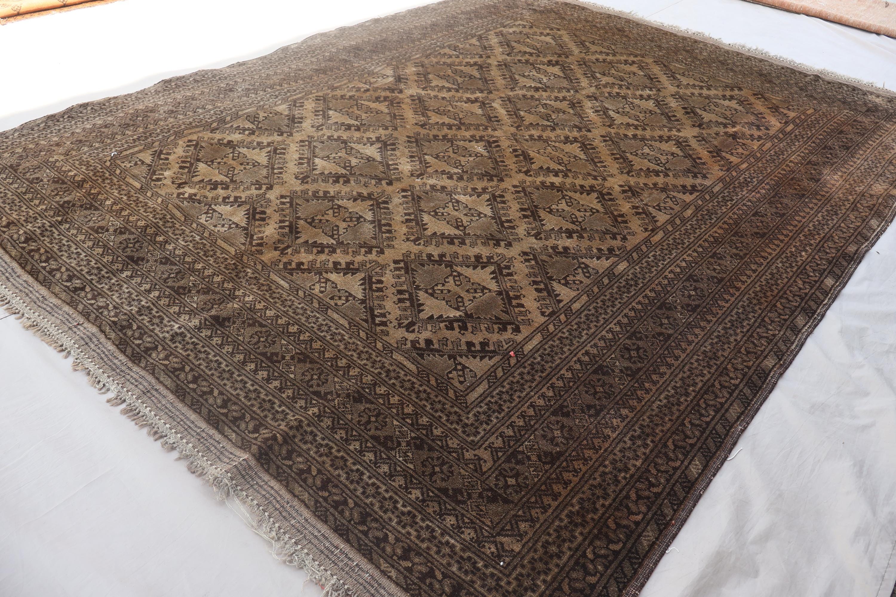 7x9 Dark Terracotta Rug 1940s Antique Rug, Afghan Handmade Wool Oriental Area Rug, Turkmen Tribal Geometric Rug, Bedroom Rug for Living Room