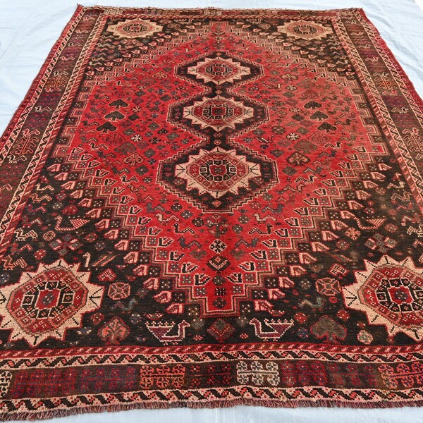 7x10 ft Antique Handmade Low Pile Faded Rug, Afghan Vintage Red Area rug, Geometric Caucasian Rug, Tribal Turkmen Rug, Dining Table Carpet