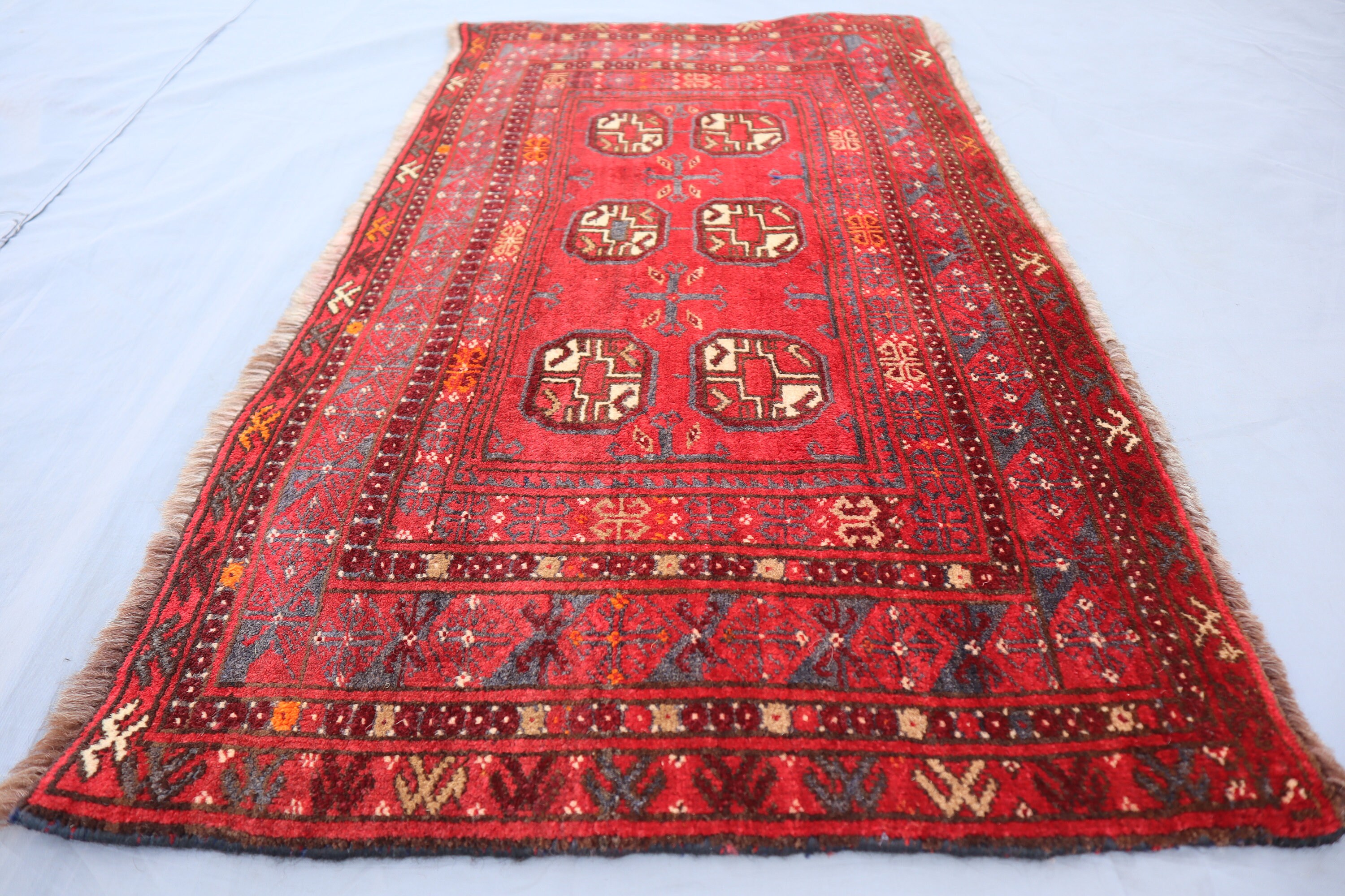 2x3 Antique Turkmen Bukhara Rug, Handmade Wool Small Afghan Rug