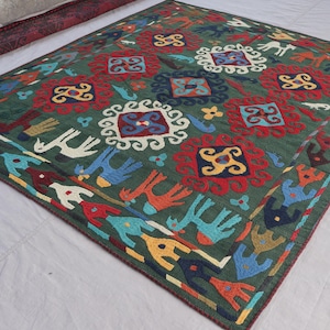 6x7 ft Green Suzani Kilim Rug, Flatweave Carpet, Birds Pictorial Geometric Patterns, Afghan Handmade Wool Rug, Oriental Rug, Living Room Rug