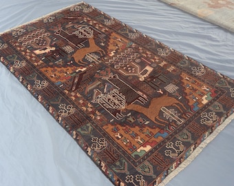 Blue Baluchi Pictorial Rug 3x6 Ft/ Afghan Handmade Wool Area Rug