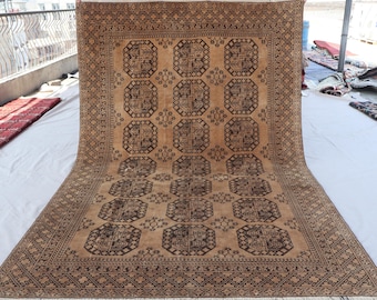 1940s Antique Brown Rug 5&#39;4x8&#39;4 Afghan Vintage Faded Rug, Low Pile Hand Knotted Wool Rug, Turkmen Tribal Area Rug, Oriental Rug, Bedroom Rug