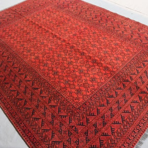 Red Afghan Vintage Rug 6&#39;7x8&#39;10 ft Turkmen Bashiri 1950s Antique Rug, Handmade Wool Area Rug, Oriental Living Room Rug, Dining Table Rug 7x9