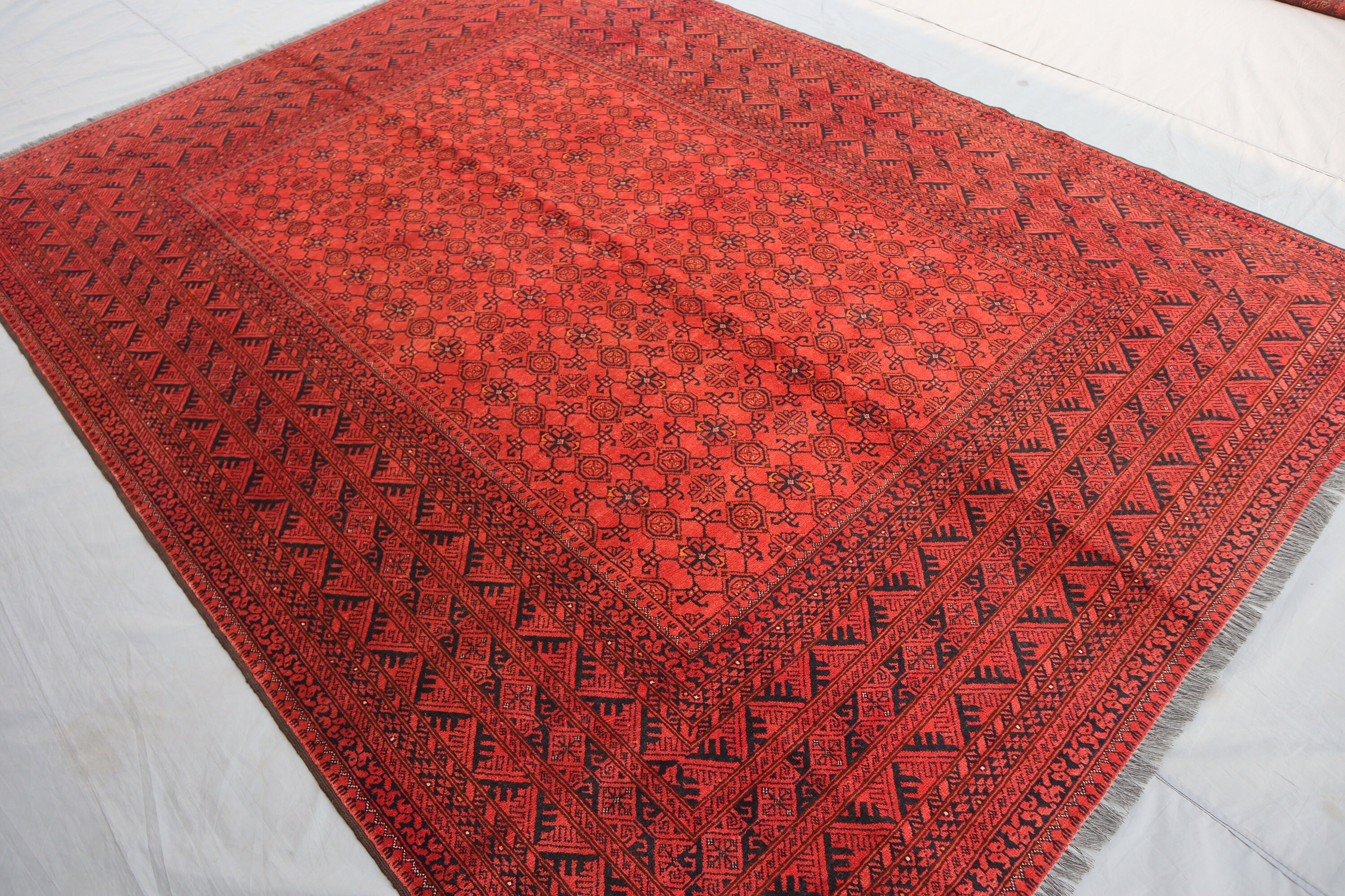 Red Afghan Vintage Rug 6'7x8'10 ft Turkmen Bashiri 1950s Antique Rug, Handmade Wool Area Rug, Oriental Living Room Rug, Dining Table Rug 7x9