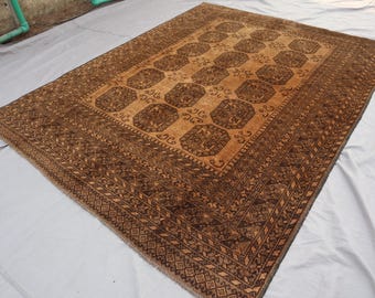 Afghan Brown Rug 7x9 Handmade Wool rug, 1920s Antique Rug, Turkmen Tribal Rug, Low pile Faded Rug, Oriental Rug, Bedroom, Living Room Rug