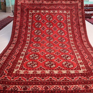 7x10 Vintage Ersari Rug Red Tribal Turkmen Handmade High Pile Soft Wool Area rug, Antique Afghan Oriental Bukhara Rug - Rugs for Living Room