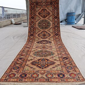 2&#39;5x8&#39;5 ft Runner rug, Kazak Caucasian Afghan Hand Knotted Natural Veg Dyes Wool Runner Rug, Geometric Oriental Rug, Hallway 9 ft Runner Rug