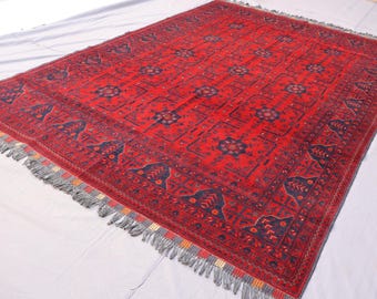 7 x 10 vintage bukharatapijt, Afghaans handgeknoopt vegetarische kleurstoffen wollen vloerkleed, rood oosters tapijt, Turkmeens stamtapijt, slaapkamertapijt, vloerkleed woonkamer