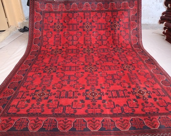 Tappeto rosso Bukhara 6x8 - Tappeto in lana afghana - Tappeto turkmeno fatto a mano - Tappeto orientale vintage - Tappeto tribale - Tappeto per camera da letto, tappeto per soggiorno