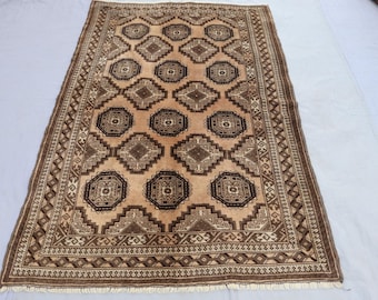 Muted Antique Terracotta Rug 4x6 Afghan Geometric Bukhara Rug, Distressed Wool Vintage Faded Rug, Turkmen Tribal Oriental Rug, Bedroom Rug