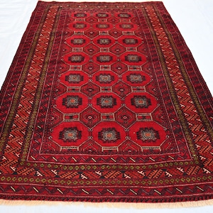 Vintage Bukhara rug, 4&#39;5x6&#39;8 ft Red Afghan Hand Knotted veg dyes Wool Tribal Rug, Turkmen Sarouk design Oriental Rug, Bedroom Area Rug 4x7