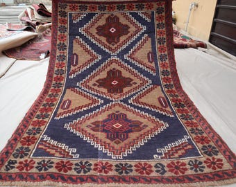 Collectors piece Antique 3x5 ft Rug - Brown Navy Afghan Hand Knotted Soft Wool Geometric Rug - Tribal Baluchi Caucasian design Rug - Bedroom