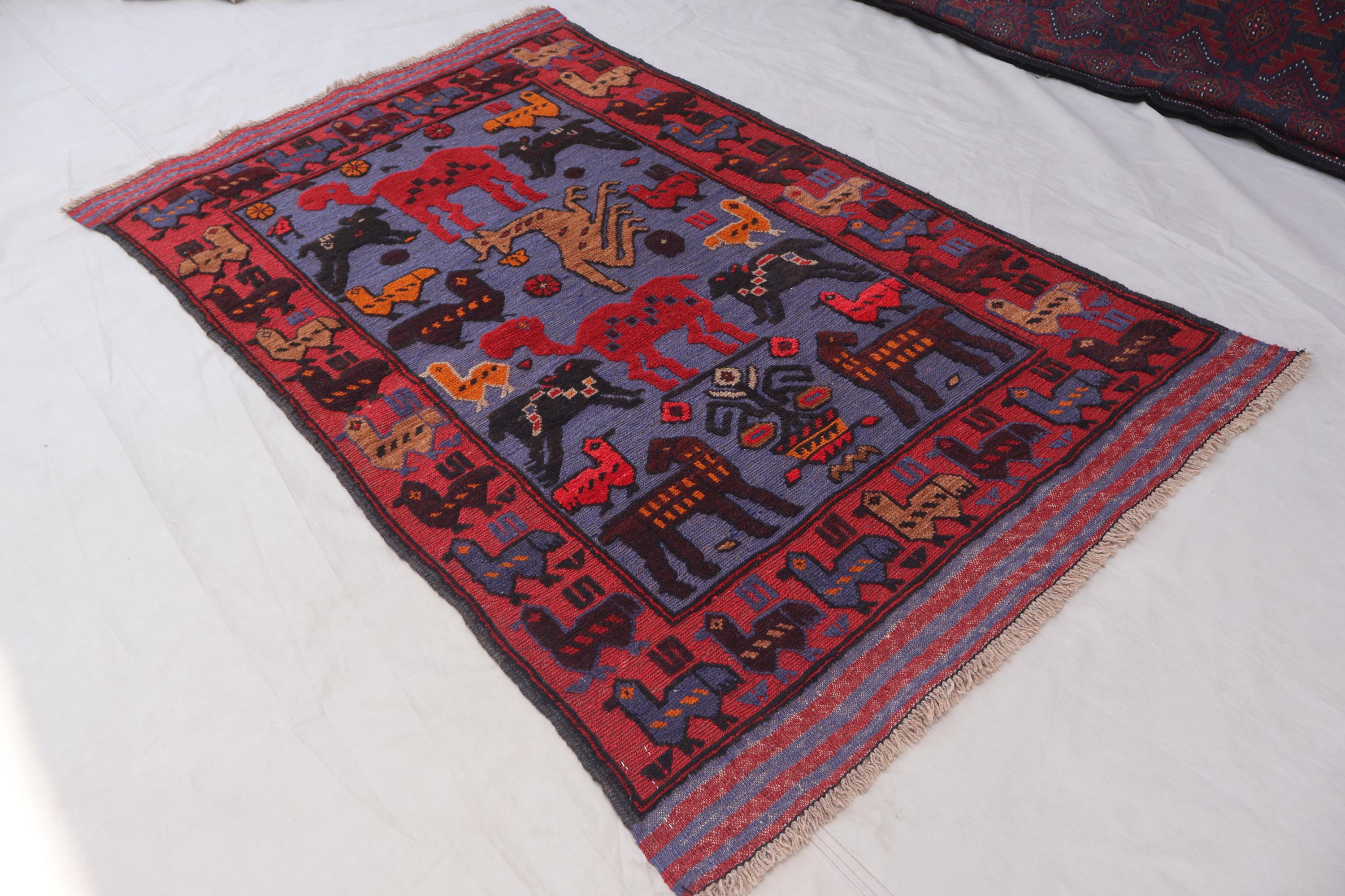 3x5 Blue Pictorial Rug Afghan Vintage Tribal Rug, Handmade Wool Rug, Animal Print Art Area Rug, Oriental Antique Rug, Bedroom, Kids Room Rug