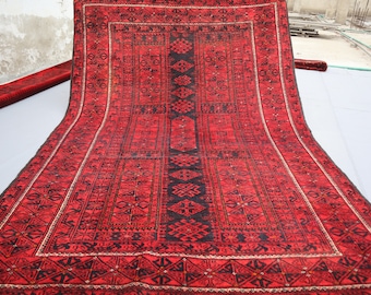 1960s Antique 5&#39;9x8&#39;2 ft Red Vintage faded Afghan Hand Knotted low Pile wool rug, Turkmen Tribal Rug, Oriental Antique Area Rug, Bedroom Rug