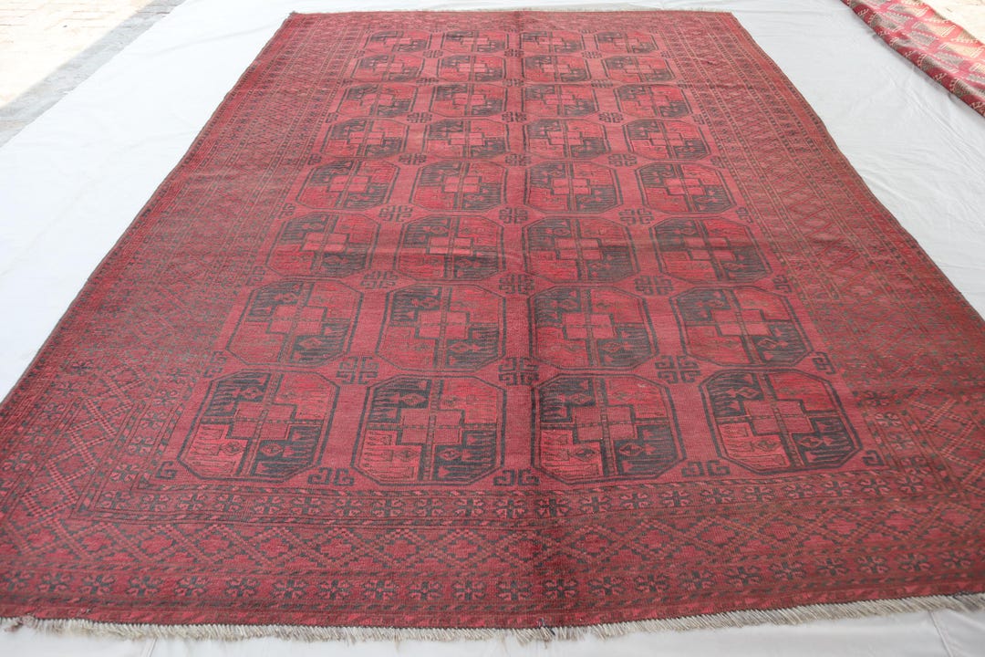 Tapis en laine afghane noué à la main : 4,4 x 6,9 pi, rouge vif turkmène Mowri Gul Design - France